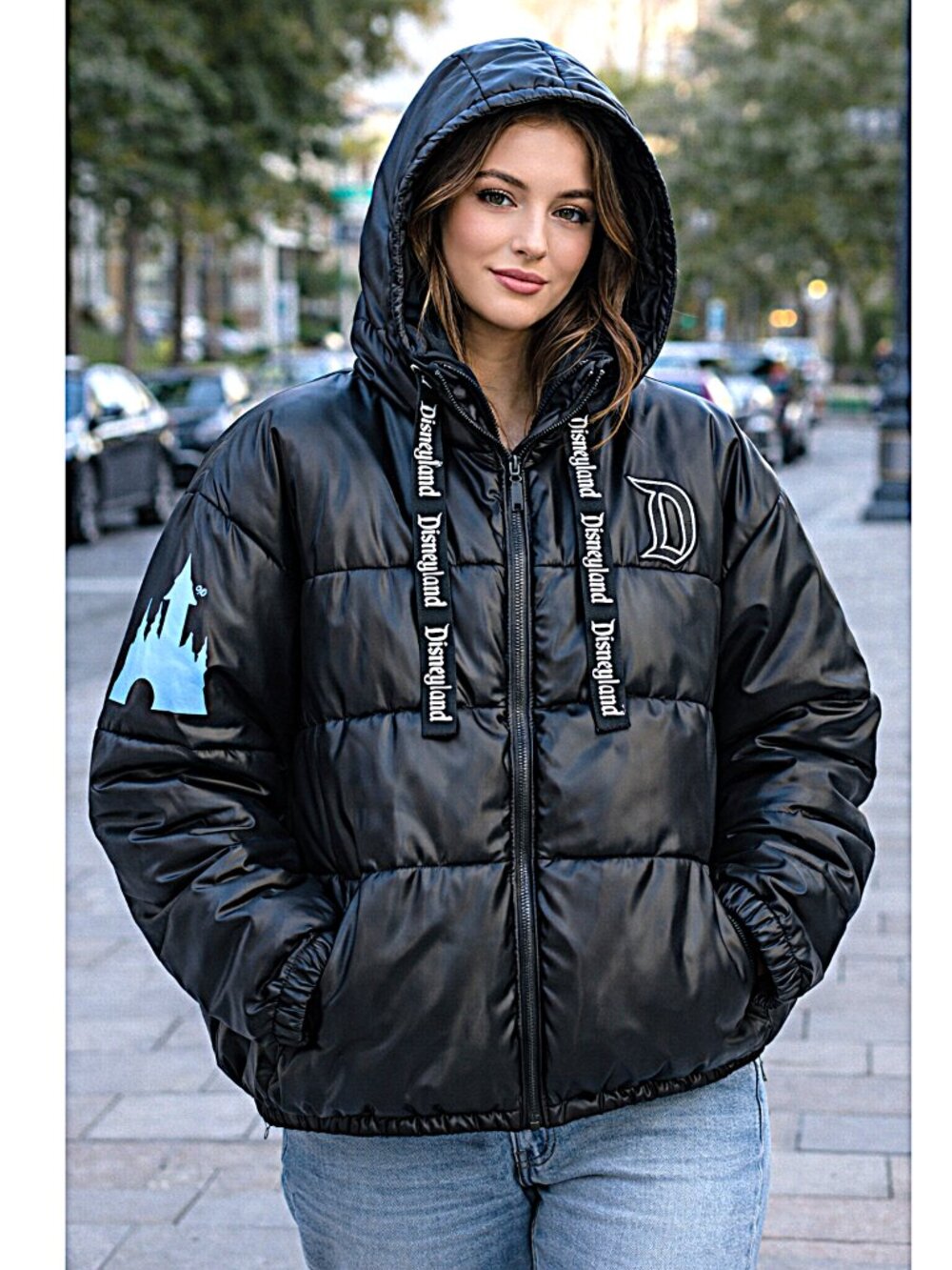 Disneyland Puffer Jacket Vegan Leather Black Size XL – NEW